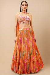 Orange Satin Crepe Silk Pleated Floral Print Lehenga with Sequinned Spaghetti Blouse